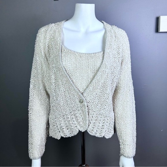 Vintage Cardigan Sweater Size Large twinset Irish Linen Crochet knitted metallic - Picture 12 of 16